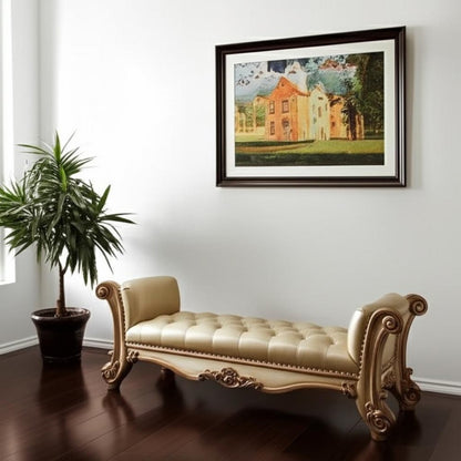 74" Bone And Gold Tufted Faux Leather Solid Wood And Polyresin Upholstered Bench