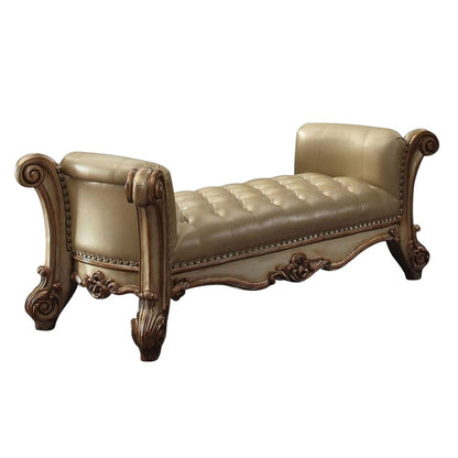 74" Bone And Gold Tufted Faux Leather Solid Wood And Polyresin Upholstered Bench