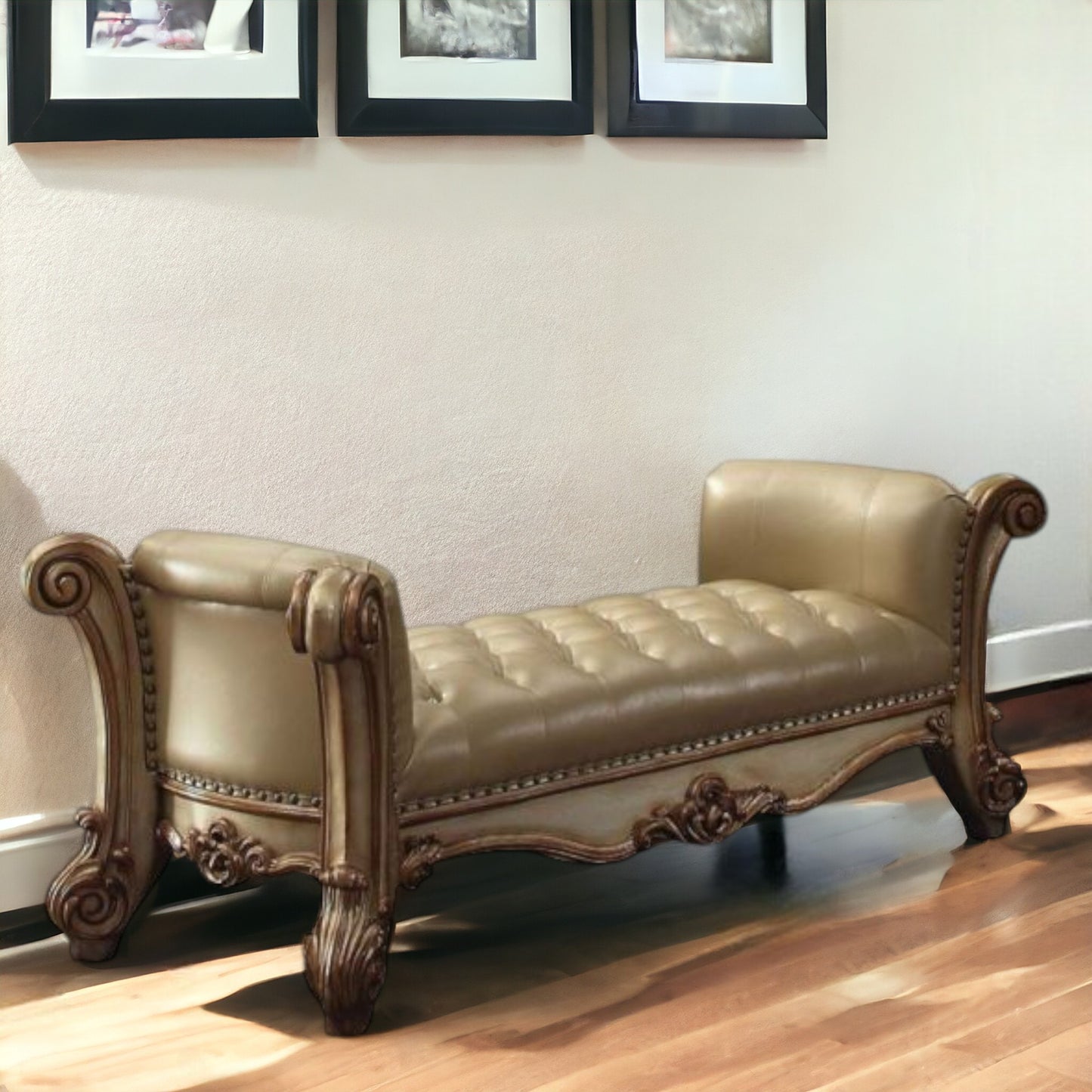 74" Brown and Dark Brown Upholstered Faux Leather Bench