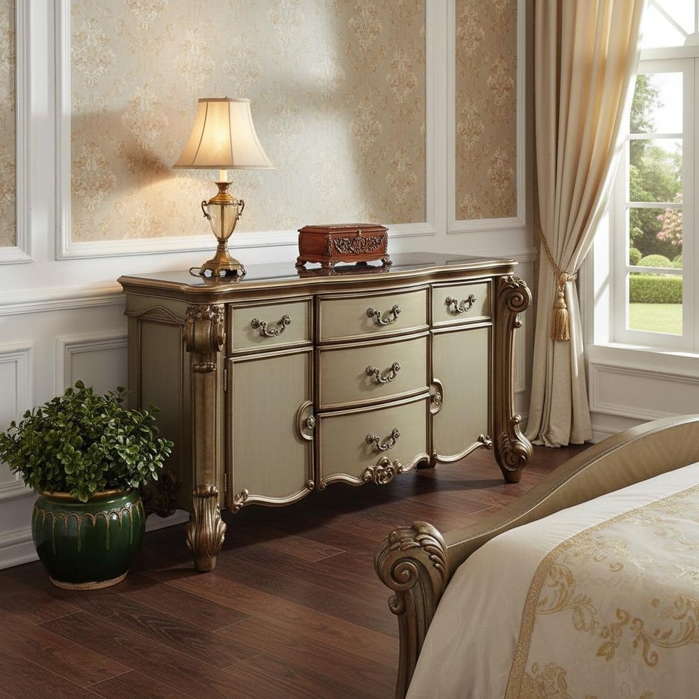 70" Cherry Oak Solid Wood Five Drawer Combo Dresser