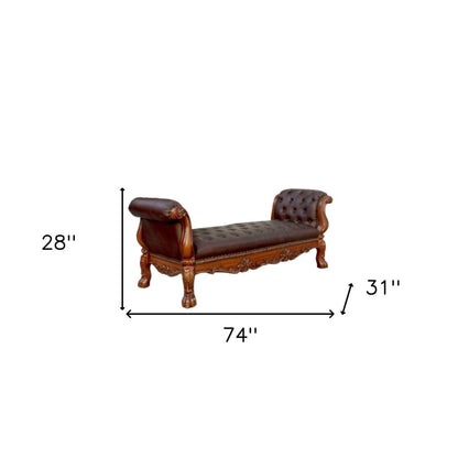 74" Bone And Gold Tufted Faux Leather Solid Wood And Polyresin Upholstered Bench