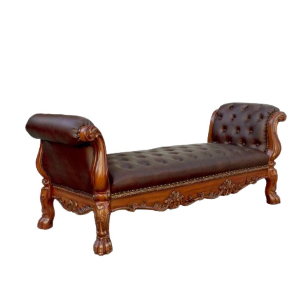 74" Bone And Gold Tufted Faux Leather Solid Wood And Polyresin Upholstered Bench
