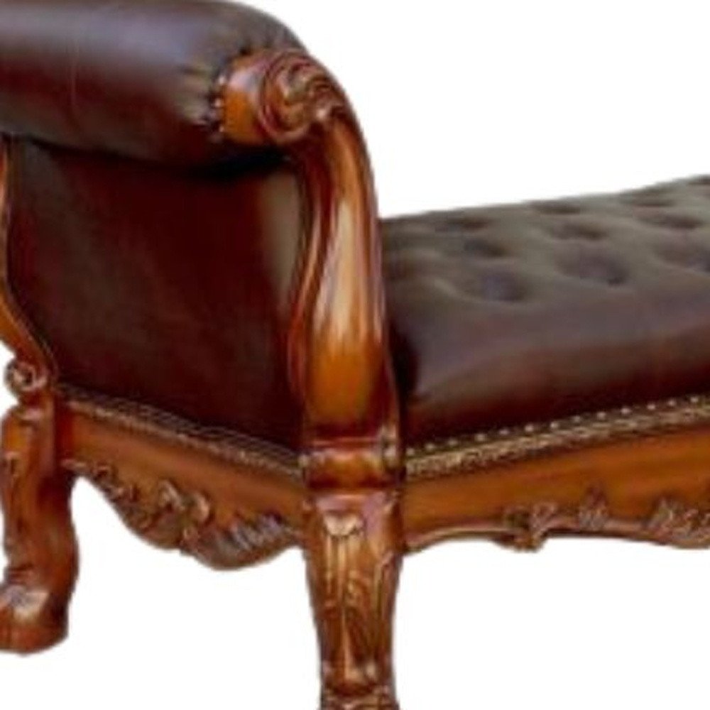74" Bone And Gold Tufted Faux Leather Solid Wood And Polyresin Upholstered Bench