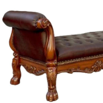 74" Bone And Gold Tufted Faux Leather Solid Wood And Polyresin Upholstered Bench