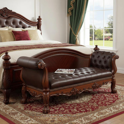 74" Bone And Gold Tufted Faux Leather Solid Wood And Polyresin Upholstered Bench