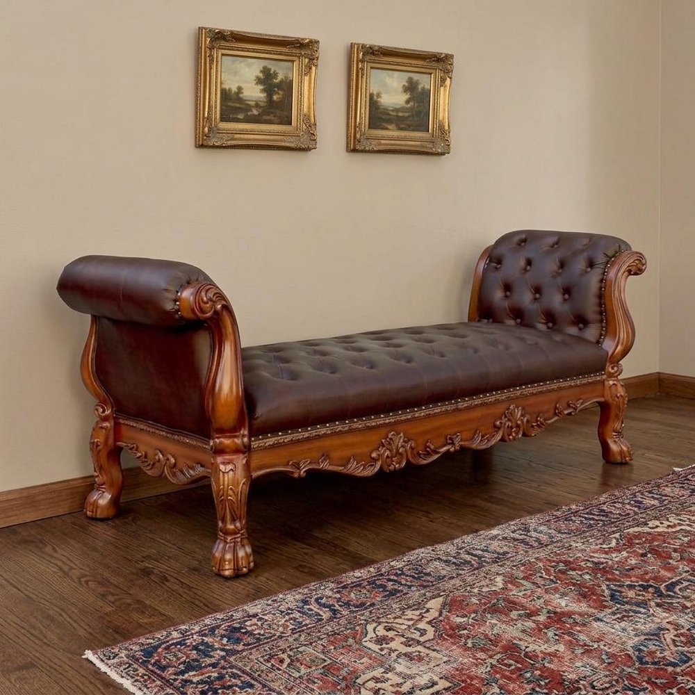 74" Bone And Gold Tufted Faux Leather Solid Wood And Polyresin Upholstered Bench