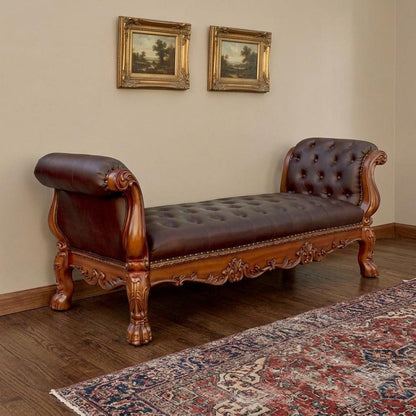 74" Bone And Gold Tufted Faux Leather Solid Wood And Polyresin Upholstered Bench