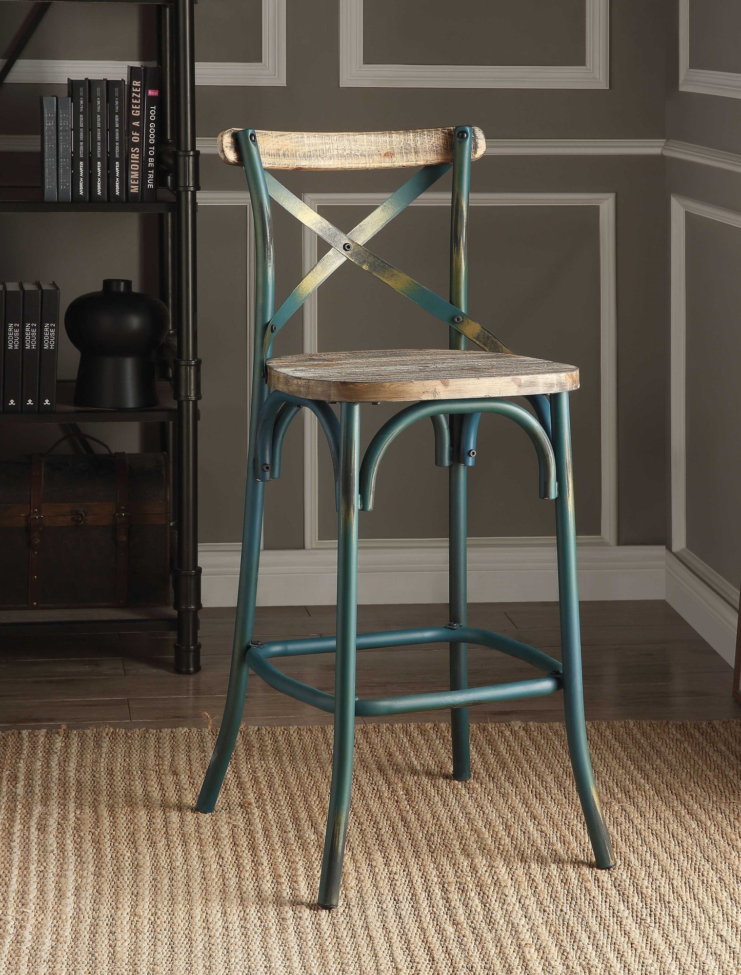 21" Brown And Turquoise Iron Bar Chair