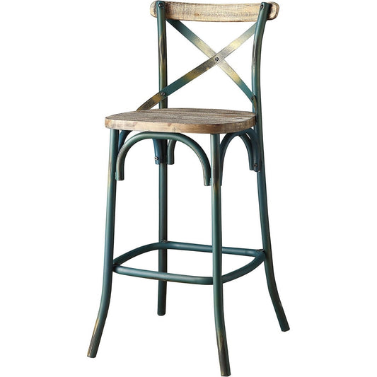 21" Brown And Turquoise Solid Wood And Metal Bar Chair