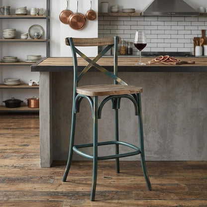 21" Brown And Turquoise Solid Wood And Metal Bar Chair