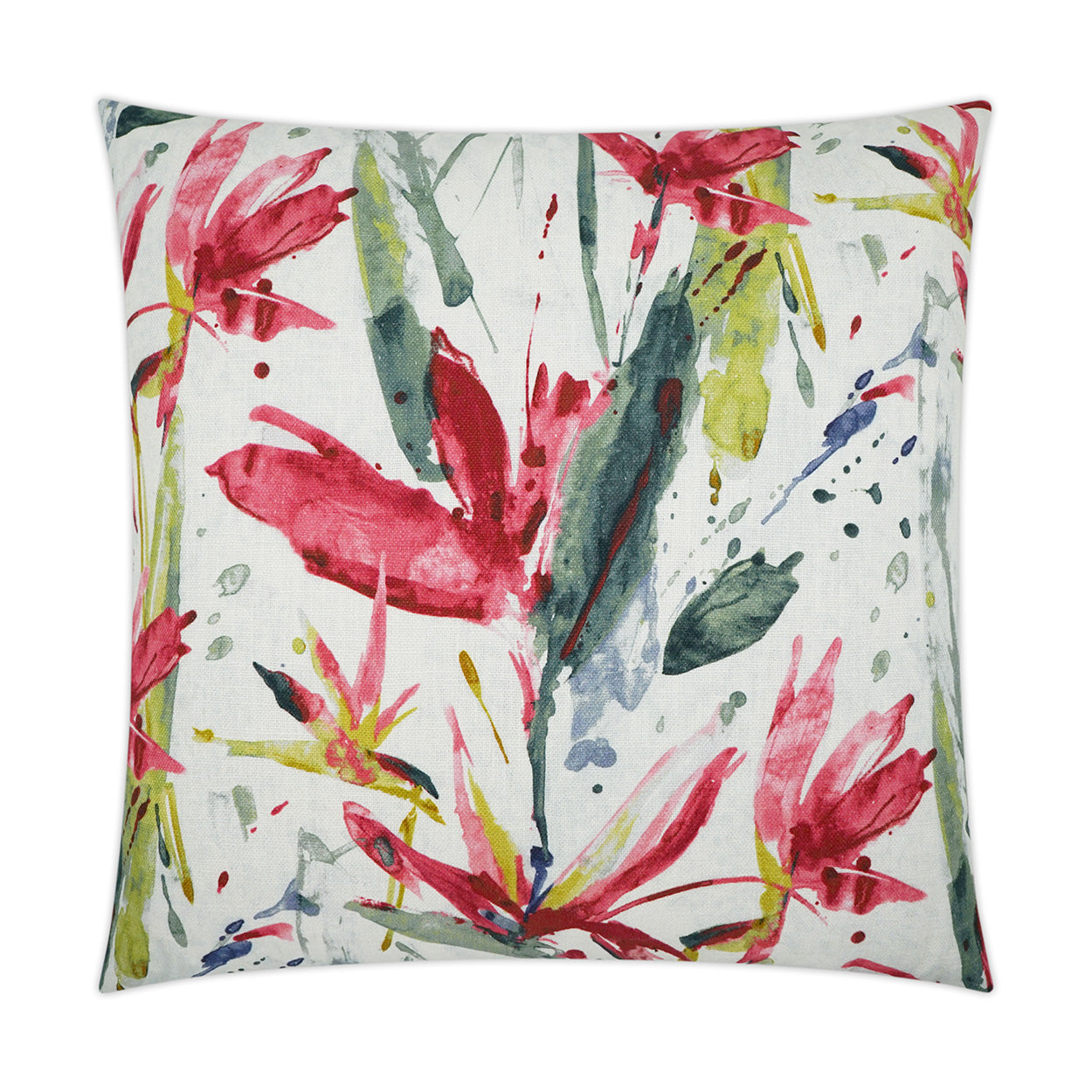 Square decorative pillow with abstract watercolor floral print in pink, green, yellow on white.