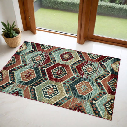 5' X 8' Red And Blue Geometric Area Rug