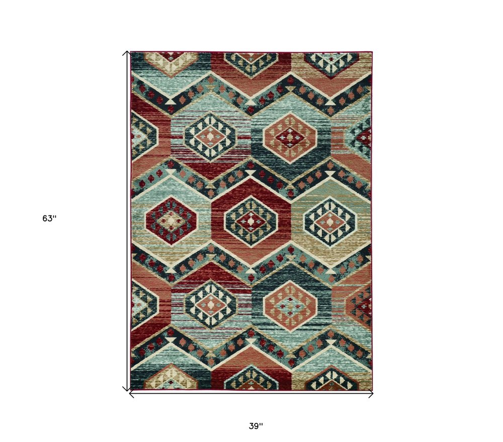 5' X 8' Red And Blue Geometric Area Rug