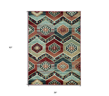 5' X 8' Red And Blue Geometric Area Rug
