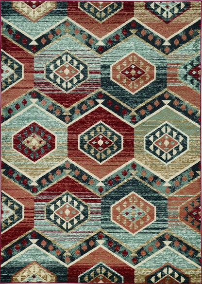 5' X 8' Red And Blue Geometric Area Rug