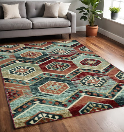 5' X 8' Red And Blue Geometric Area Rug