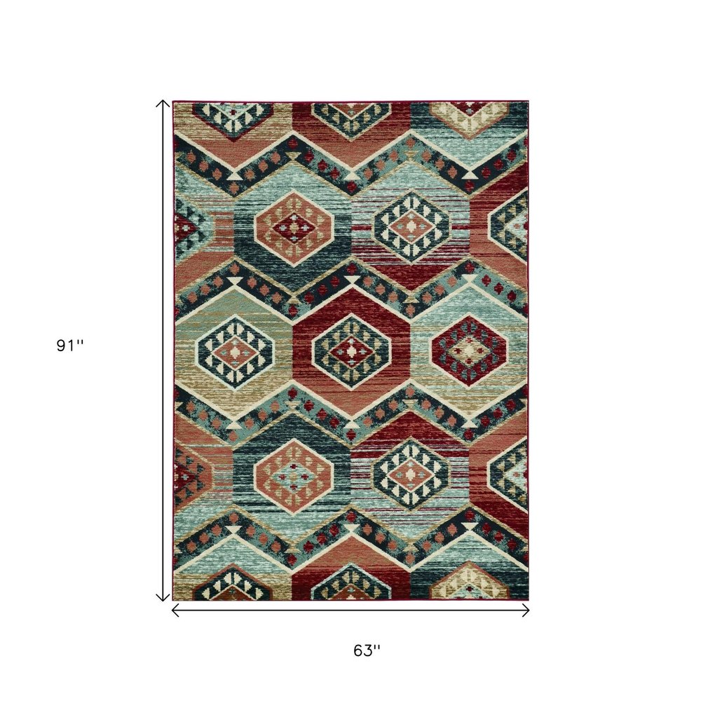 5' X 8' Red And Blue Geometric Area Rug
