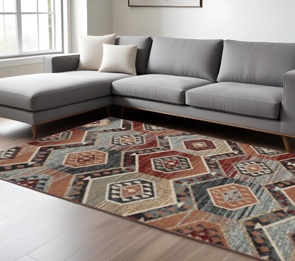 5' X 8' Red And Blue Geometric Area Rug