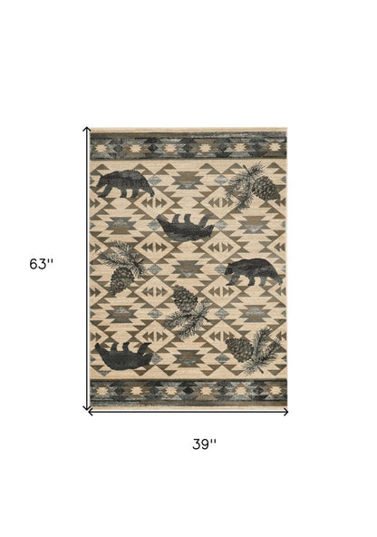 3' X 5' Ivory And Gray Woodland Lodge Area Rug