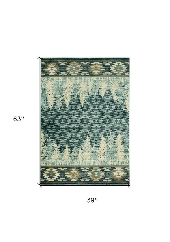 9' X 12' Slate Blue Charcoal And Beige Woodland Lodge Area Rug