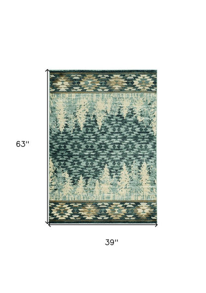 9' X 12' Slate Blue Charcoal And Beige Woodland Lodge Area Rug