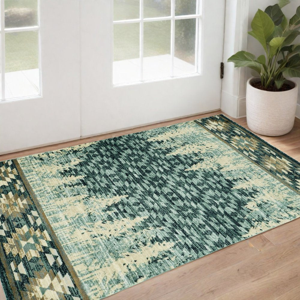 9' X 12' Slate Blue Charcoal And Beige Woodland Lodge Area Rug