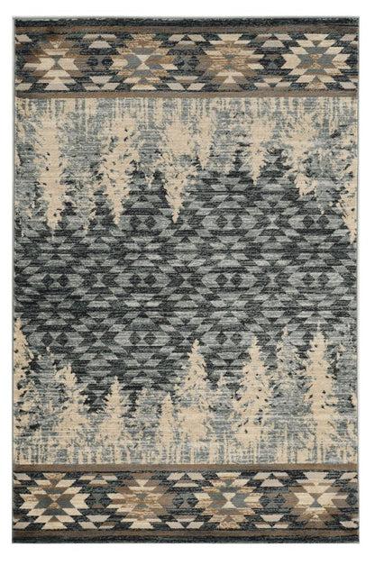 9' X 12' Slate Blue Charcoal And Beige Woodland Lodge Area Rug