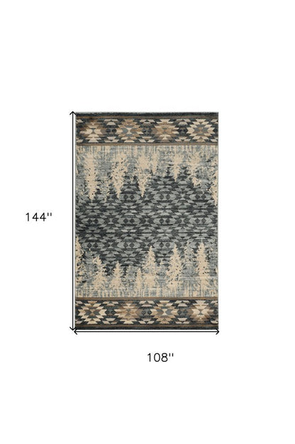 9' X 12' Slate Blue Charcoal And Beige Woodland Lodge Area Rug