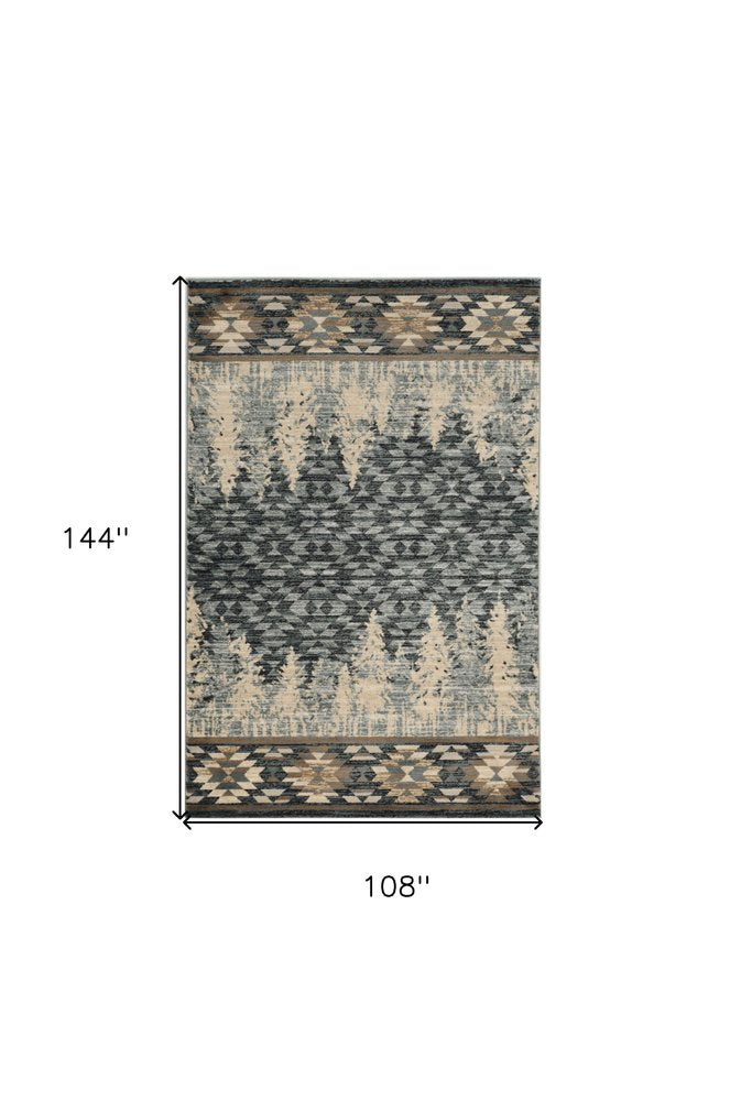 9' X 12' Slate Blue Charcoal And Beige Woodland Lodge Area Rug