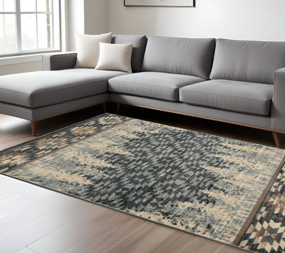 9' X 12' Slate Blue Charcoal And Beige Woodland Lodge Area Rug
