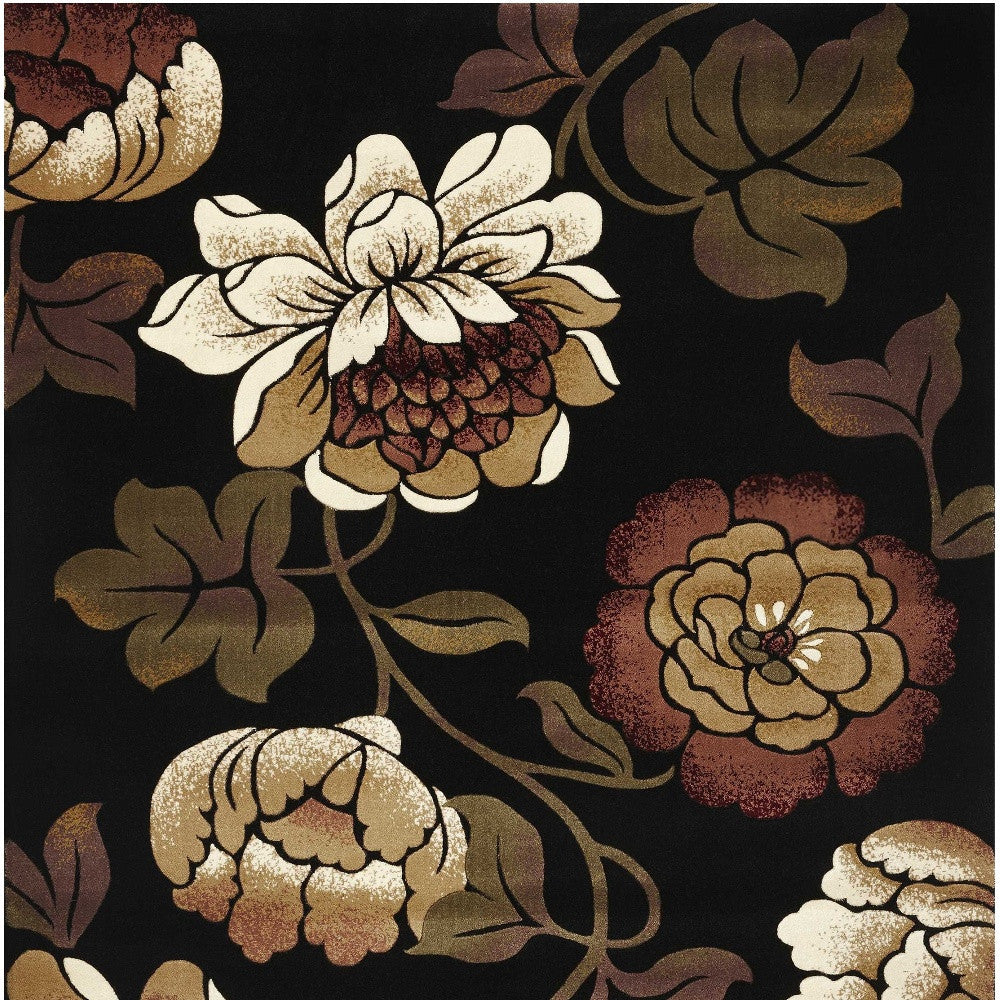 5' X 8' Black and Tan Floral Area Rug