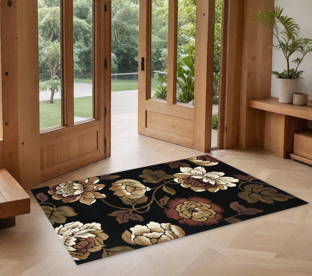 5' X 8' Black and Tan Floral Area Rug