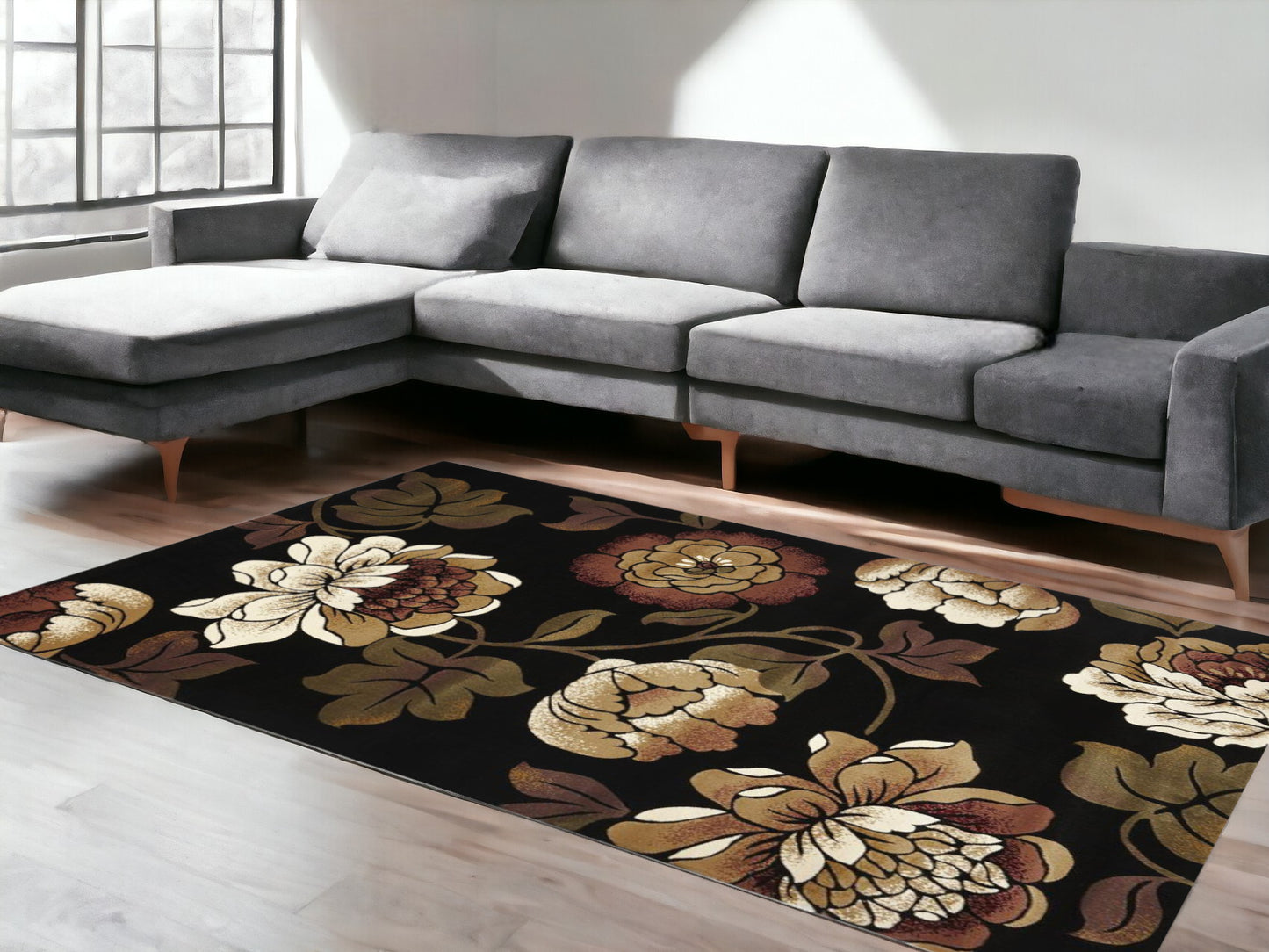 5' X 8' Black and Tan Floral Area Rug