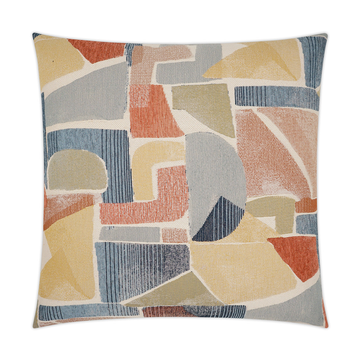 Abstract geometric patchwork throw pillow in mustard, blue, coral, beige & gray tones.