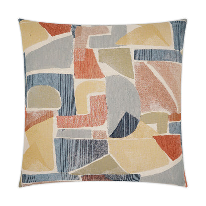 Abstract geometric patchwork throw pillow in mustard, blue, coral, beige & gray tones.