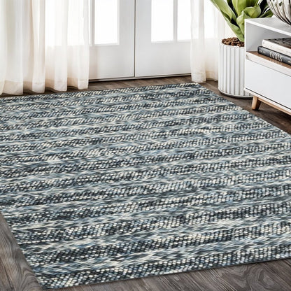 5' X 7' Ivory Blue And Gray Wool Striped Hand Woven Area Rug