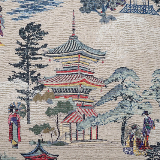 Woven tapestry showing an Asian landscape with a red pagoda, trees, a bridge, and people in traditional dress.
