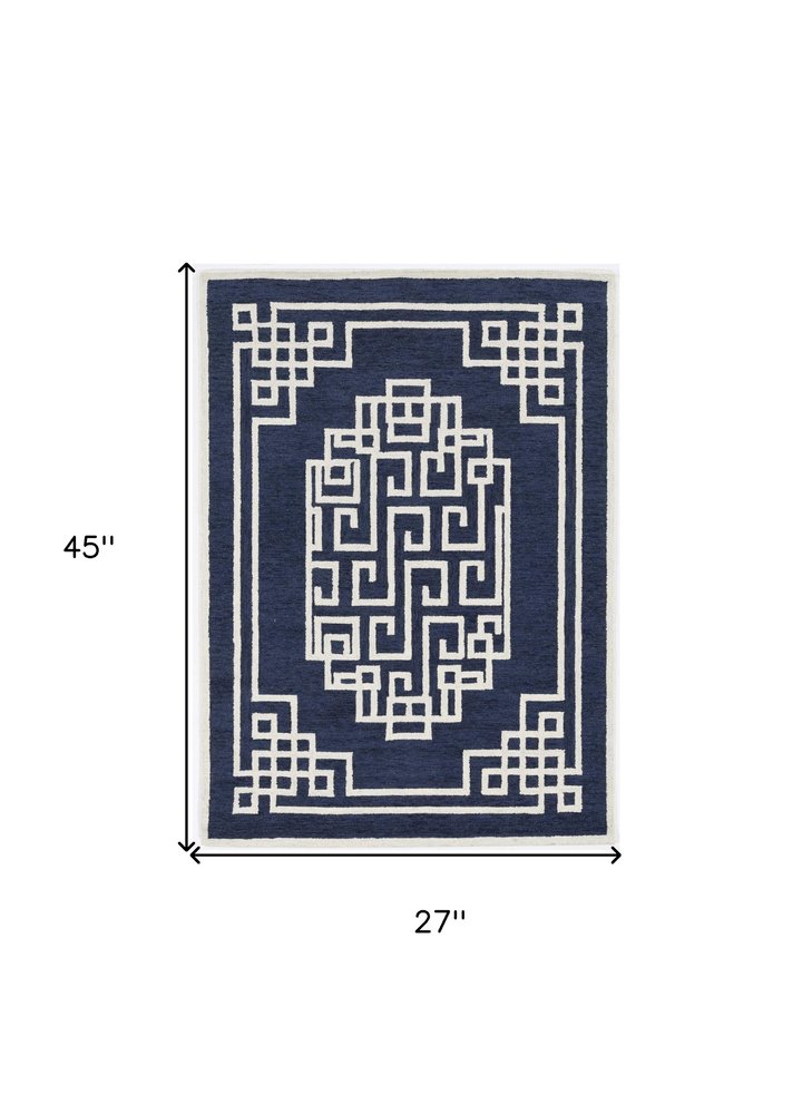 5' X 7' Navy Blue And Ivory Wool Geometric Hand Tufted Area Rug