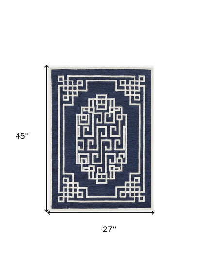 5' X 7' Navy Blue And Ivory Wool Geometric Hand Tufted Area Rug