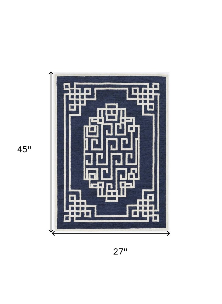 2' X 4' Navy Blue And Ivory Wool Geometric Hand Tufted Area Rug
