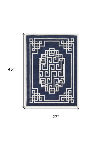 2' X 4' Navy Blue And Ivory Wool Geometric Hand Tufted Area Rug