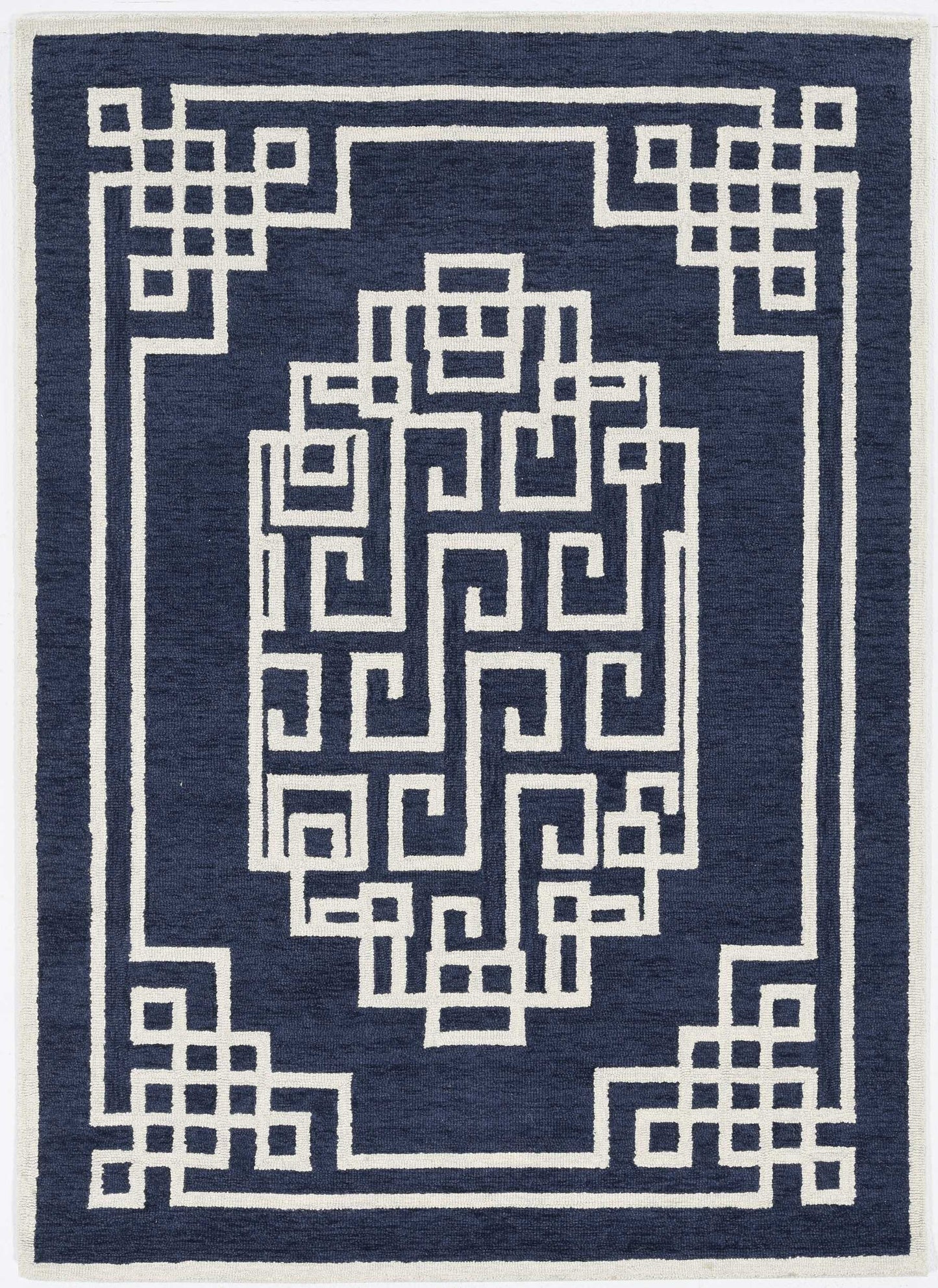 8'X10' Navy Blue Ivory Hand Tufted Greek Key Medallion Indoor Area Rug