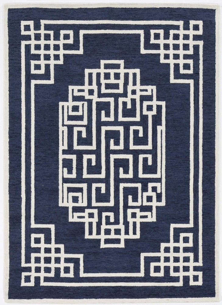 2' X 4' Navy Blue And Ivory Wool Geometric Hand Tufted Area Rug