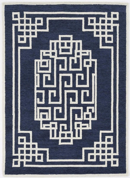2' X 4' Navy Blue And Ivory Wool Geometric Hand Tufted Area Rug