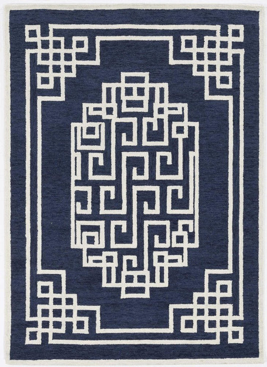2' X 4' Navy Blue And Ivory Wool Geometric Hand Tufted Area Rug