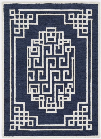 5' X 7' Navy Blue And Ivory Wool Geometric Hand Tufted Area Rug