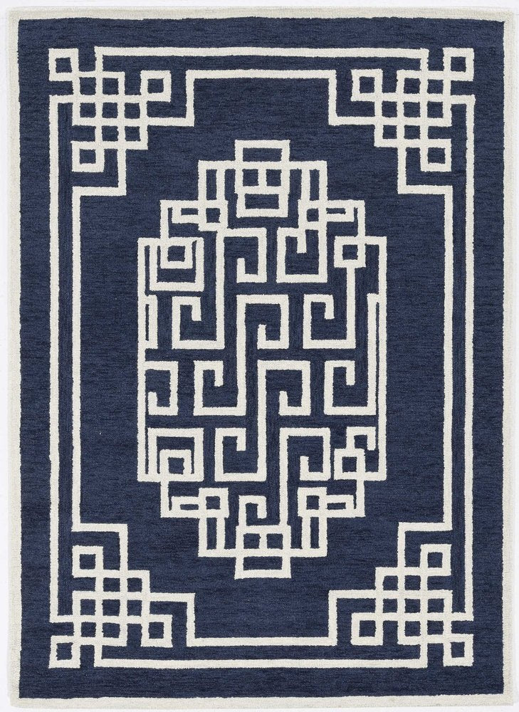 5' X 7' Navy Blue And Ivory Wool Geometric Hand Tufted Area Rug