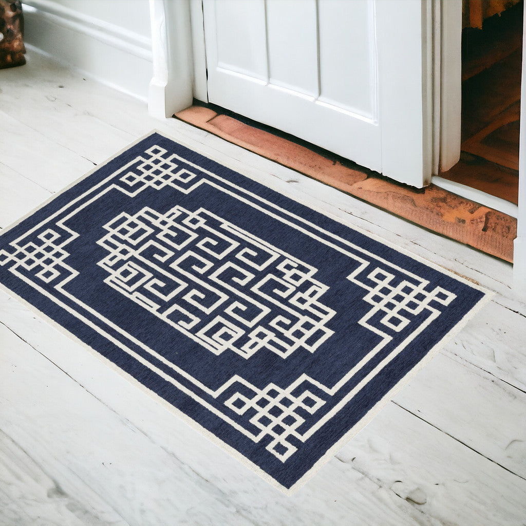 5' X 7' Navy Blue Ivory Hand Tufted Bordered Greek Key Indoor Area Rug