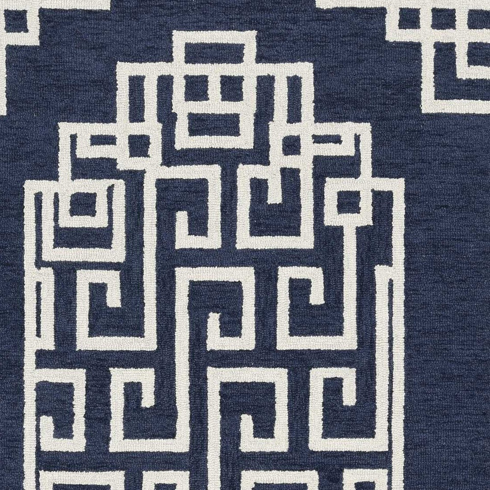 5' X 7' Navy Blue Ivory Hand Tufted Bordered Greek Key Indoor Area Rug