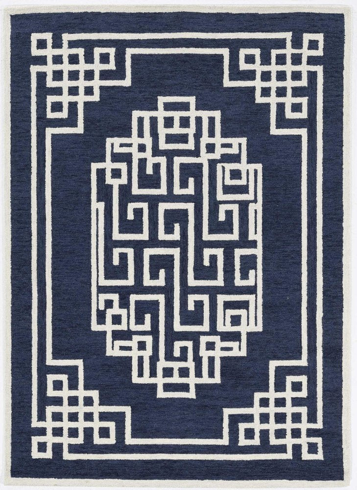 2' X 4' Navy Blue And Ivory Wool Geometric Hand Tufted Area Rug